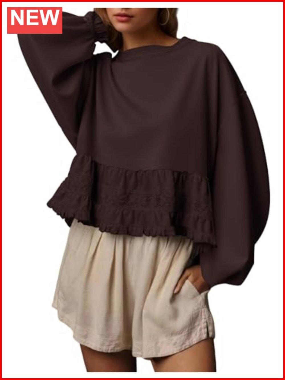 Women's Lace Patchwork Crop Sweatshirt - Puff Sleeve Babydoll Top